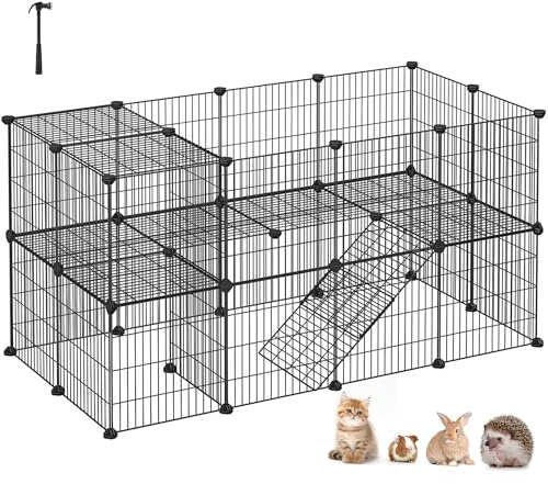 SONGMICS Recinto per Animali a 2 Piani, Recinzione Fai da Te in Rete Metallica per Animali di Piccola Taglia, Criceti, Conigli, per Uso Interno, 143 x 73 x 71 cm, Nero LPI02H