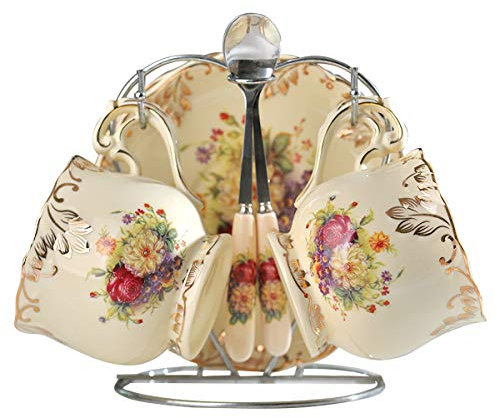 YOLIFE Set di 2 tazze da tè in ceramica color avorio, tazza da tè inglese con piattino, bordo con foglie dorate
