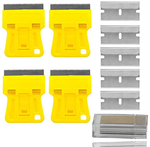WEKOIL Mini Plastic Razor Blade Scraper High Visibility Bright Yellow Window Scraper Paint Scraper with 5 Spare Metal Razor Scraper Blades Stove Top Scraper Scraping Sticker Decal Residue Label