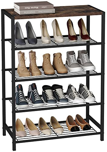HOMEFORT 5-Tier Shoe Rack, Shoe Storage Shelf with MDF Top Board, Shoe Rack Organizer, Each Tier Fits 3 Pairs, Entryway Shoe Stand with Sturdy Shelves, Rustic Brown