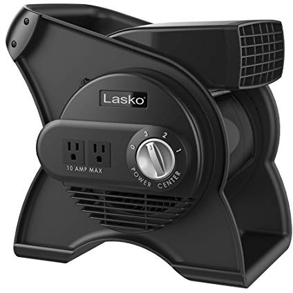 Lasko Portable Utility Fan, 12” 289 CFM Pivoting High Velocity Air Mover Blower Fan, 3 Speeds, 2 Accessory Outlets 120V, Black, U12104
