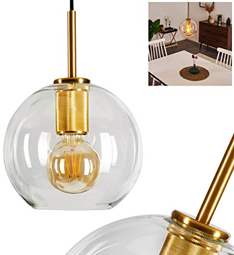HOFSTEIN Hängeleuchte Karo, 1-flammige Hängelampe aus Metall/Glas in Goldfarben/Klar, moderne Pendelleuchte im Retro/Vintage-Design, Ø 18 cm, Höhe max. 125 cm, E27, Esszimmer, Küche, Wohnzimmer