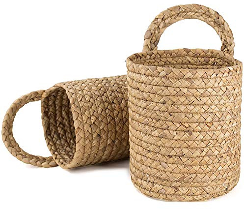 HUIKJI 2Pcs Water Hyacinth Hanging Baskets,Hand Woven Baskets for Plants & Accessories,Wall Hanging Small Storage Baskets Natural Sea Weed Baskets Garden Plant Baskets