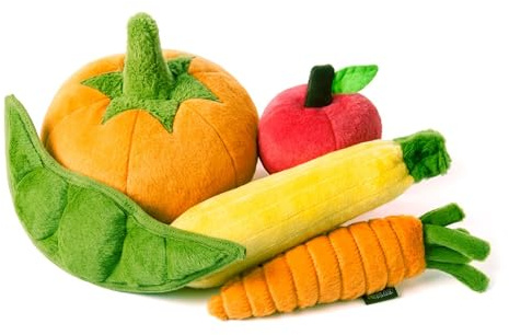 P.L.A.Y. Niedliches Plüsch-Hundespielzeug, Obst- und Gemüse-Thema, langlebig, quietschend, ideal für Welpen und kleine Hunde, maschinenwaschbar, recycelte Materialien (5-teiliges Set, X-Small)