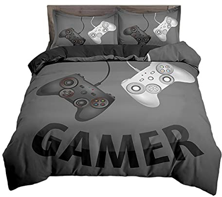 Set Copripiumino Singolo 135x200 cm Ragazzo Adolescente Gamer 3D Gamepad Cartoon Lightning Controller di Gioco Set di Biancheria da Letto in Microfibra con Federa (Grigio, 135 x 200 cm)