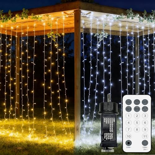 Lichtervorhang 6m x 3m 600 LED, Warm/Weiß Lichterketten Vorhang, Lichterkette Fenster mit Stecker, Fernbedienung, Timer, 11 Modi, Wasserdicht für Hochzeit Garten Weihnachts Wand Außen Innen Dekoration