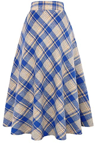 Ylingjun Kvinnors vinter höst lång rutig ullkjol varm hög elastisk midja en linje utsvängd veckad ull tartan kjolar, BLÅ, M