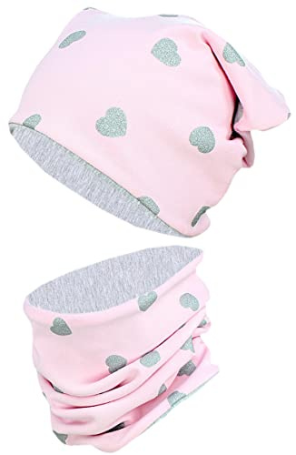 TupTam Kinder Mütze & Schlauchschal Set – Warm, Oeko-TEX, Farbe: Herzen Glitzer Grau/Rosa Grau Meliert, Kinder Größe: 56-58