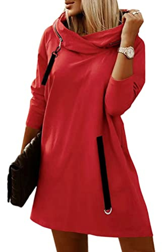 ORANDESIGNE Robe Pull Courte Femme Hiver Chic Sweat À Capuche Zippé Hoodie Sweatshirt Robe Tunique Manche Longue Hoody Hooded Sweat Rouge XL