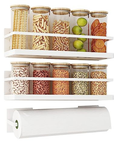 Roysili Spice Rack for Refrigerator, Magnetic Fridge Rack for Kitchen, Spice Organizer Space Saving with Magnetic Paper Towel Holder, White, Pack of 2