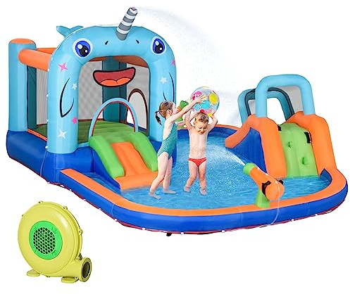 Outsunny Château Gonflable Structure Gonflable Aire de Jeux avec Pistolet à Eau Toboggan Trampoline piscines + 3-8 Ans avec gonfleur et Sac de Transport 420 x 370 x 230 cm - Multicolore
