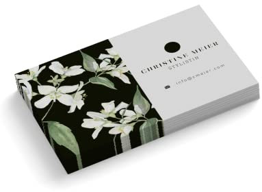 Visitenkarten personalisiert | Stylistin | 1-seitig | Querformat | Menge + Papier zur Auswahl | selbst gestalten | hochwertiger Druck | 350 g Qualitätsdruck | Blumen | grün/weiß (50 Stück)