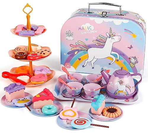 XiYee 48-teiliges Teeset, Spielzeug für Kinder, Küchenzubehör, Teeservice und Koffer, Einhorn, Tee-Party, gefälscht, Einhorn, Geburtstag, Geschenk für Mädchen