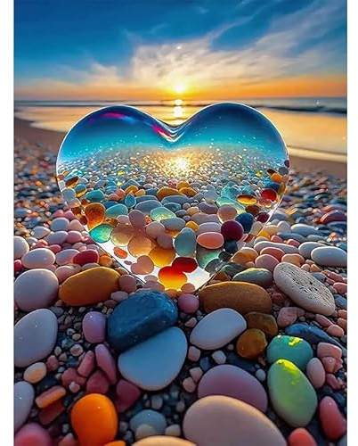 Diamond Painting 5D Set per Adulti, Motivo Cuore Innamorato, Pittura Diamante Fai da Te, Tramonto Spiaggia e Mare, Diamond Art Craft, per la casa 30x40cm