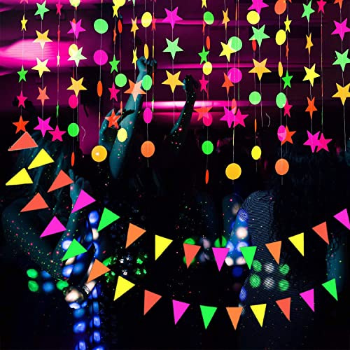 KARLOR Schwarzlicht Party Deko, 3 Formen/Je 4.4 Meter Neon Leuchtend Girlanden unter UV Licht, Stern Kreispunkt Wimpelkette, Disco Party Banner Girlande Papier Bänder Leuchtend UV Glow Partyzubehör