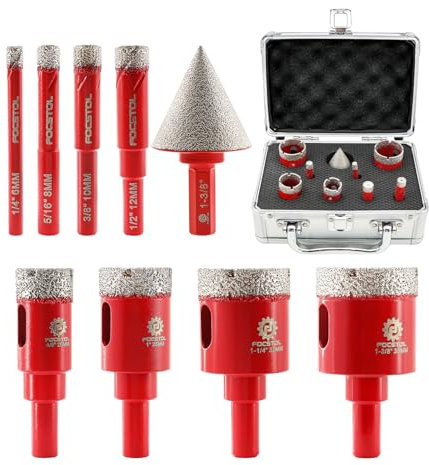 FOCSTOL Juego de Brocas Diamante - 9 piezas 6/8/10/12/20/25/32/35mm Fresa Diamante con Mango Redondo+35mm Brocas Chaflán Biselado con Mango Hexagonal para Porcelanico Cerámica Mármol Granito