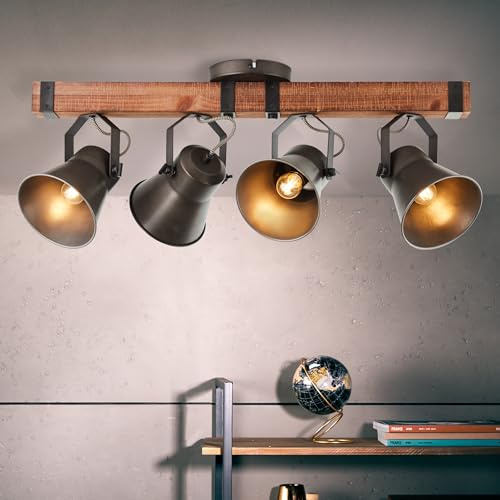 4 flammige Spotbalken - rustikaler Decken Strahler mit schwenkbaren Köpfen | Spotbalken, 33 cm Höhe x 78 cm Breite, 4 x E27, 10 W, Köpfe schwenkbar