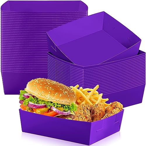 Uiifan 50 Pcs Purple 5 LB Extra Large Paper Food Trays Disposable Food Boat Nacho Plate Serving Snack Tray Grease Resistant Self-assembly for St Patrick's Day Easter Birthday Party Supply