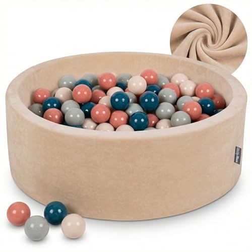 KiddyMoon Mjuk rund 90 x 30 cm/200 bollar 7 cm/2,75 tum för barn, skum sammet boll pool baby lekbollar, sandbeige: mörk turkos/pastell beige/grönska/laxrosa