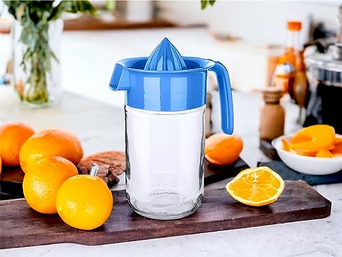 Glass Jar Manual Hand Juicer Citrus Lime Orange Lemon Fruit Press Squeezer Strainer Maker Extractor Fresh Juice filter Healthy Kitchen Gadget Practical Non Slip No Electricity No Noise 660ml (Blue)