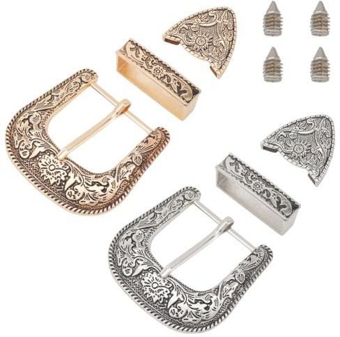BENECREAT 2Sets Belt Buck Set 1.5 Inch Western Cowboy Buckle Set 3 Piece Alloy Belt Buckle Set Antique Gold/Silver 2 Styles for Replacement Men Women Belt