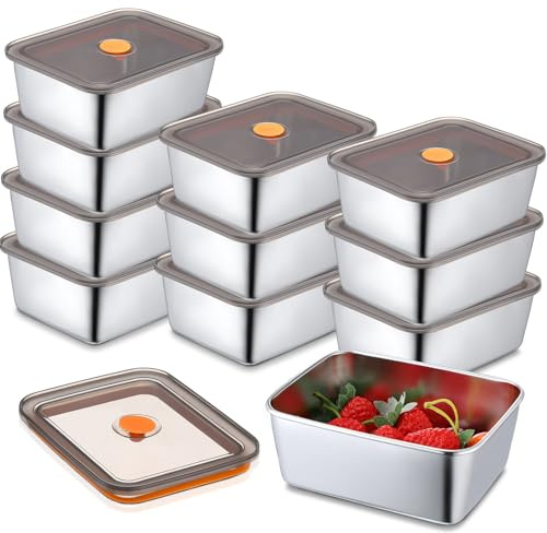 Layhit Set di 10 contenitori per alimenti in acciaio inox con coperchio, in metallo, per marinatura, snack, per pranzo, avanzi, lavabili in lavastoviglie e adatti al congelatore (510 g)