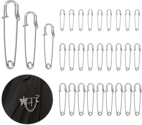 30 Stück Sicherheitsnadeln Set, 4.5cm/6cm/7.5cm Sicherheit Pins, Groß, Safety Pins, Silber für Kleidung, Quilten, Kunsthandwerk, Charms, Decken, Röcke, Schal