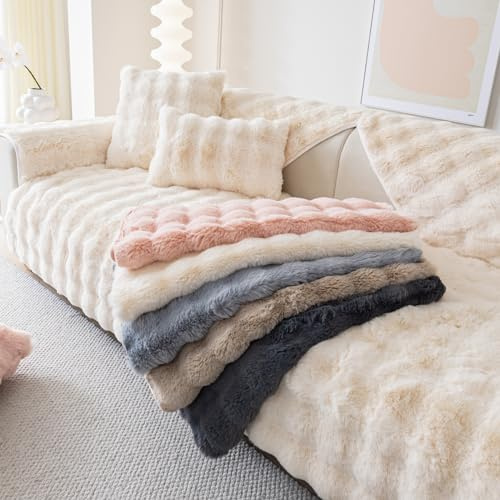 tianxinbaobei Faux Fur Sofa Cover, Rabbit Plush Couch Cover, Non-Slip Couch Covers Washable, Cosy Plush Sofa Slipcover, Furniture Protector for Armrest and Backrest(1pc/ White /28x28)