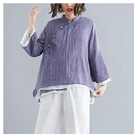 RWRAPS Ropa Tradicional China Mujer Tai Chi Gasa Tang Traje Top Traje Mujer Lino Kung Fu Camisa Blusa de Manga Larga Qipao Top (Azul Talla única)