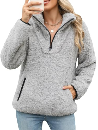 RITOSTA Pullover Damen Flauschig Pulli Kuschelpullover Teddy Fleece Kapuzenpullover Herbst Winter Pullover Casual Sweatshirt Warm Oberteil Langarm mit 1/4 Reißverschluss