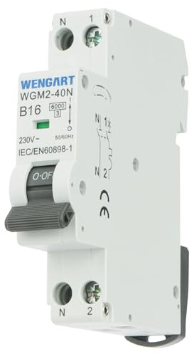 Wengart Disjoncteur miniature WGM2-40N, AC230V 16A 1P+N 6 kA B-Char, Interrupteur de sécurité électrique pour le ménage/l'industrie
