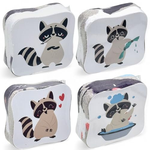MIJOMA Lot de 4 gants de toilette magiques - Serviettes magiques - Pour enfants - Petit cadeau de bienvenue - 100 % coton - Se déplie dans de l'eau chaude (plaisir du raton laveur)