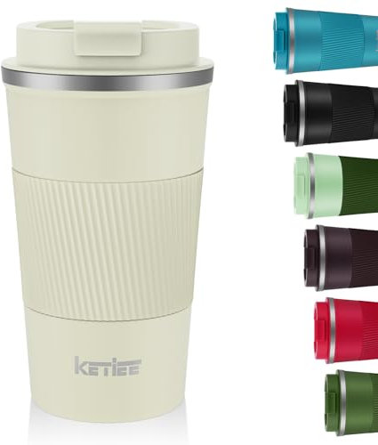 KETIEE Gobelet isotherme à emporter - 510 ml - Double paroi - Avec couvercle anti-fuite - Pour café et thé - Crème