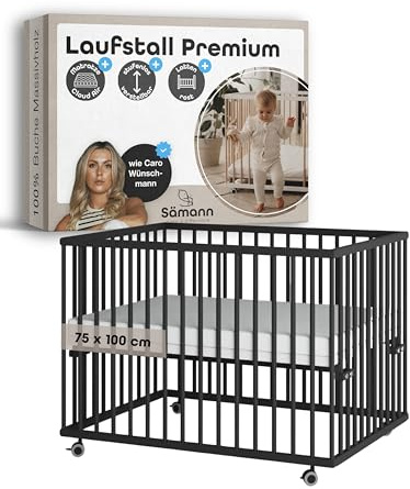 Sämann Laufstall Baby mit Matratze Cloud Air & Lattenrost | stufenlos höhenverstellbar | Laufgitter Premium | Babybett aus Holz | Krabbelgitter (schwarz, 75x100 cm)