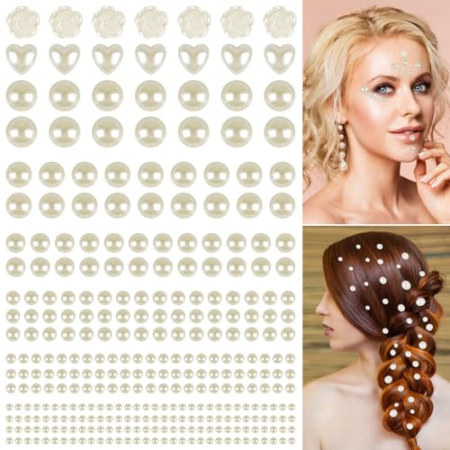 Perlen für Haare, 2365 Stück Halbperlen Selbstklebende, 8 Blatt 3/4/5/6/8/10mm Klebeperlen für Gesicht, Make-Up, Augen, Nagelkunst, Basteln,Schmuckherstellung