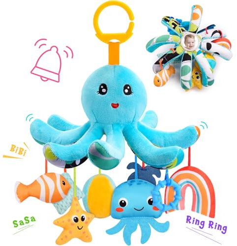HappyKidsClub Pulpo de peluche para bebé, 0 – 18 meses, con 8 juguetes sensores colgantes y espejo, juguete de motricidad para cochecito de bebé, cuna (lavable, algodón orgánico)
