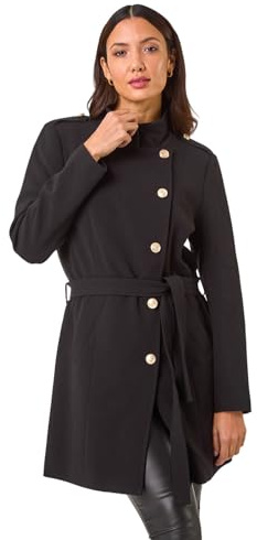 Roman Originals Funnel Neck Buttoned Coat for Women UK - Ladies Everyday Autumn Winter Comfy Soft Evening Vacation Work Party Night Out - Black - Size 16