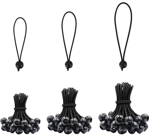 VirtuGro 60Pcs Bungee Cords with Balls 4/6/8 Inch Black Tarpaulin Bungee Balls Heavy Duty Tarp Bungees Ties Elastic Bungee Ball Cords for Tent Camping Pavilions Flag Marquee