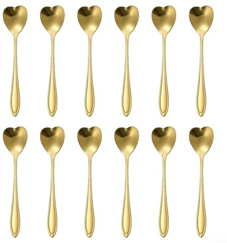 12Pcs Tea Spoons, for mini Dessert Spoons Stainless Steel Heart Shape Coffee Spoons For Espresso Hot Chocolate Drinks Demitasse(gold)