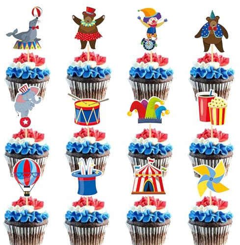 Silars Decoracion Tarta Circo, 24pzs Topper Tarta Circo Decoracion Cumpleaños Circo Animales Payaso, Adornos de Cupcakes Circo para Cumpleaños Carnaval Fiesta Infantiles Fiesta