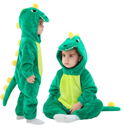 LOLANTA Unisex dinosauriedräkt för bebis, djurdräkt med huva för barn, flanelldräkt, Lacustral grön, 3-4 ans