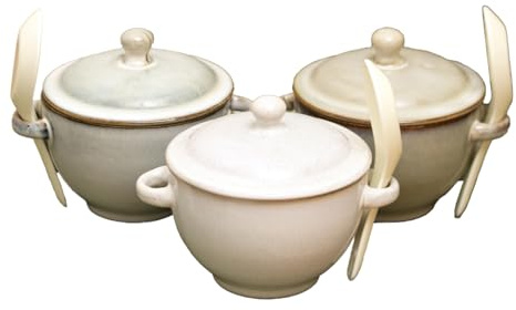 Darthome Set of 3 Neutral Reactive Glaze Soup Bowls with Lid Spoon & Handles Stoneware 300ml