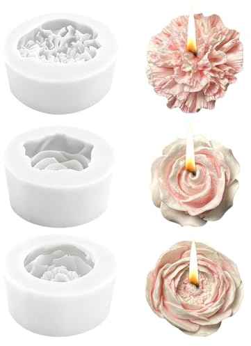 mizikuu 3 Moldes de Silicona Para Flores,Moldes Para Velas y Transparentes con Forma de Peonía Rosas y Claveles,Moldes 3D de Silicona Para Hacer Crear Velas Perfumadas,Jabone,Scaramelos, Pasteles