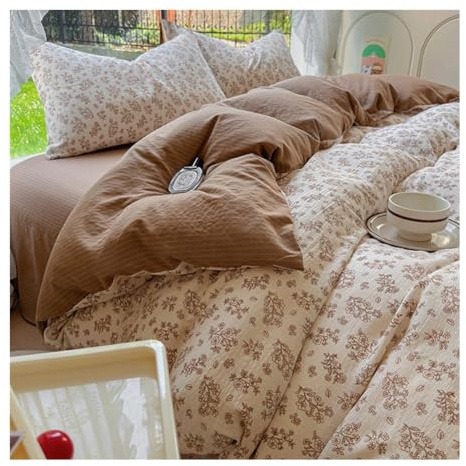 MZP Parure de lit réversible en Coton Motif Floral 4 Pièces avec Housse de Couette de 200x 230 cm Drap housse150/180x200 et Taies d'oreiller48x74cm Linge de Lit 2 Personnes(Brown,King)