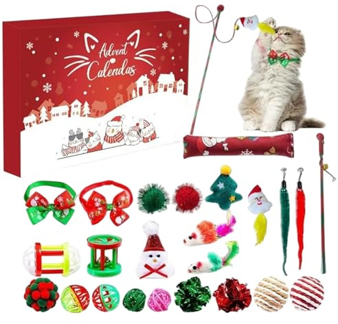 Wedhapy Interaktives Katzenspielzeug: 24-tägiger Adventskalender mit Katzenangel, Fliege, Plüschbällen, Überraschung für Tierbesitzer