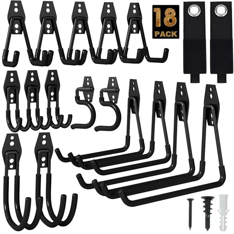 TECHSHARE Garage Hooks, 18 Pack Heavy Duty Hooks, 6 Sizes Shed Hooks for Garden Tools, Ladder Hanging, Garage Storage(Black Wall Hook)