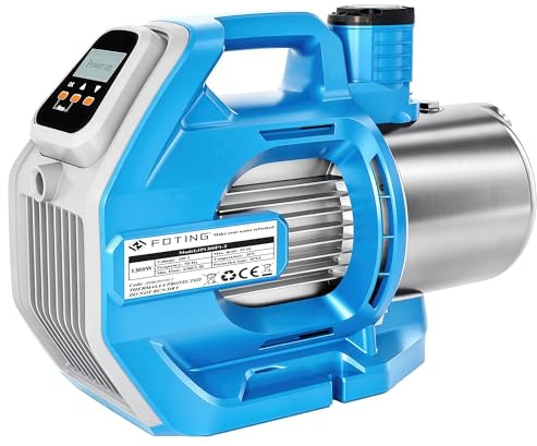 FOTING Gartenpumpe LCD INOX: 1300W, 6.000 l/h, 60 m Förderhöhe, 6 bar Druck mit Timer, LC-Display + Automatischer Druckschalte, Überhitzungsschutz, Ansaughöhe: max. 8 m, Edelstahl-Gehäuse