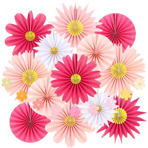 SUNBEAUTY 14 Stück Papier Fächer Dekoration Rosa Papierblumen zum aufhängen Hanging Girlande Blumen Papierfächer Deko Set für Gartenparty Hochzeit Geburtstag Tischdeko Classroom Baby Shower Frühling