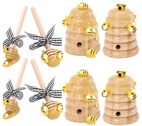 ifundom 2 Sets Bee Festival Decorations, 4 Beehive Craft Ornaments and 4 Honey Dipper Stick Decorations, Honey Bee Party Supplies for Spring Celebrations and Bridal Shower Table
