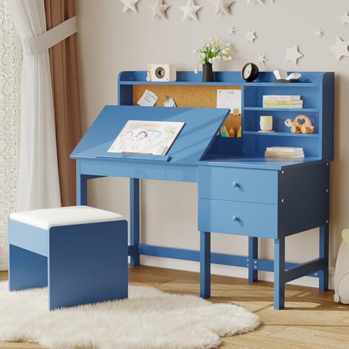 Garvee Kids Desk and Chair Set, Wooden Study Table with Adjustable Tilt Desktop, Drawers & Cork Board - Children School Learning Desk Set for Boys & Girls Ages 3-8, Blue